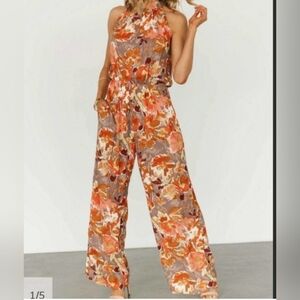 Easel Floral Halter Jumpsuit in Orange and Brown